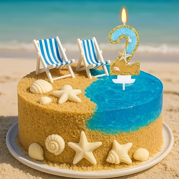 ElekFX Ocean Number 2 Candle, Glitter Gold Beach Starfish Cake Topper, Tropical Ocean Princess Birthday Decorations for Party Supplies Wedding Anniversaries