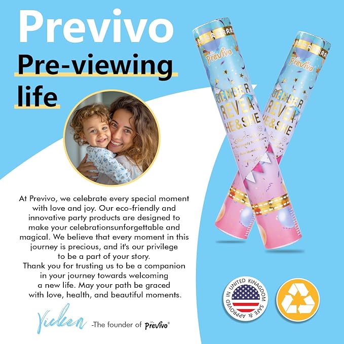 Prvivo 6 Pack Gender Reveal Confetti Cannon, Biodegradable Powder & Confetti Poppers (Blue/Pink), Safe Air Compressed Gender Reveal Cannons Kit for Huge Group Photos & Party