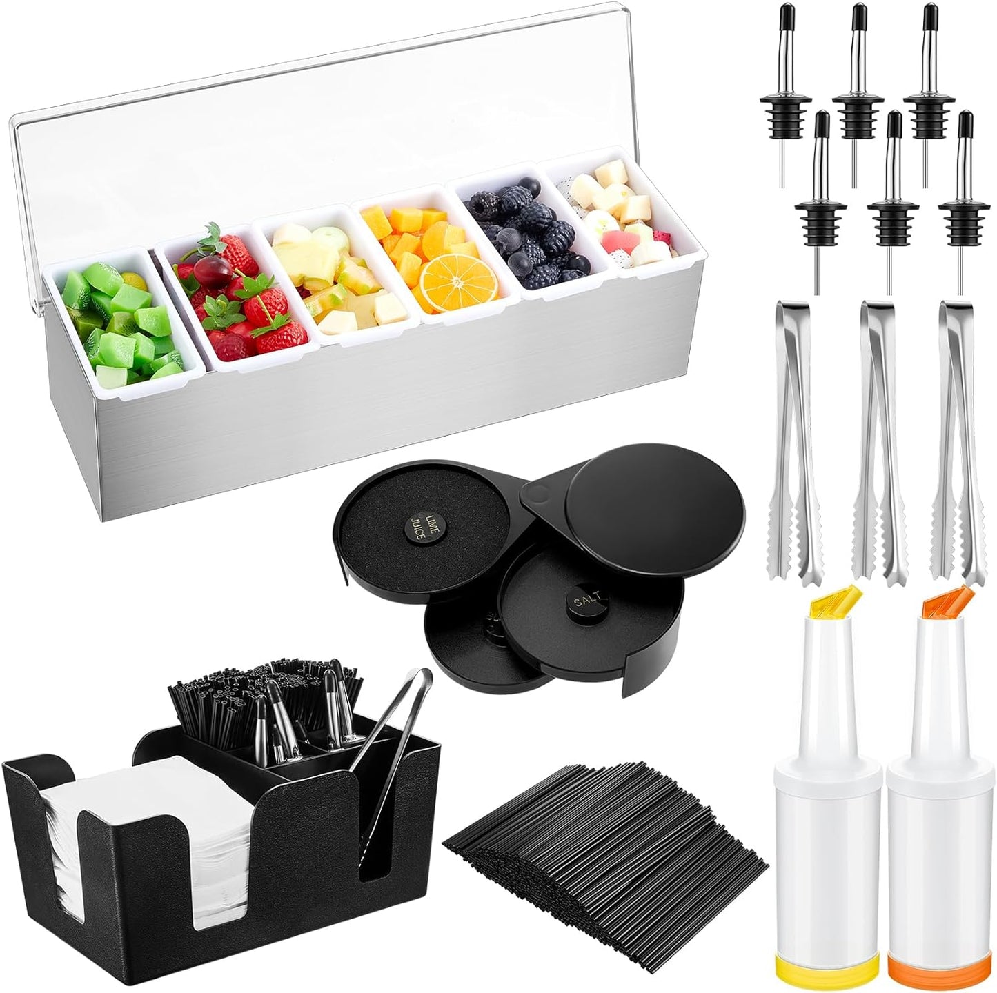 Mifoci Garnish Tray with Lid Bar Caddy 3 Tier Glass Rimmer 12 Stainless Steel Bottle Pourers 2 Plastic Juice Pour Bottles 1000 Count Cocktail Straws 3 Serving Tongs(6 Compartments,Stainless Steel)