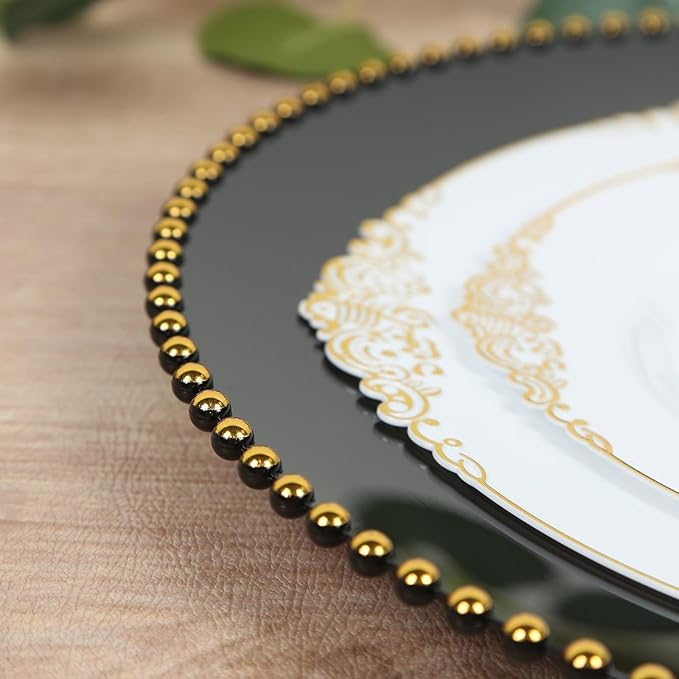 Efavormart 10-Pack Economy Plastic Charger Plates 13" Round Black with Gold Beaded Rim - Stylish Dinner Party Serving Plates