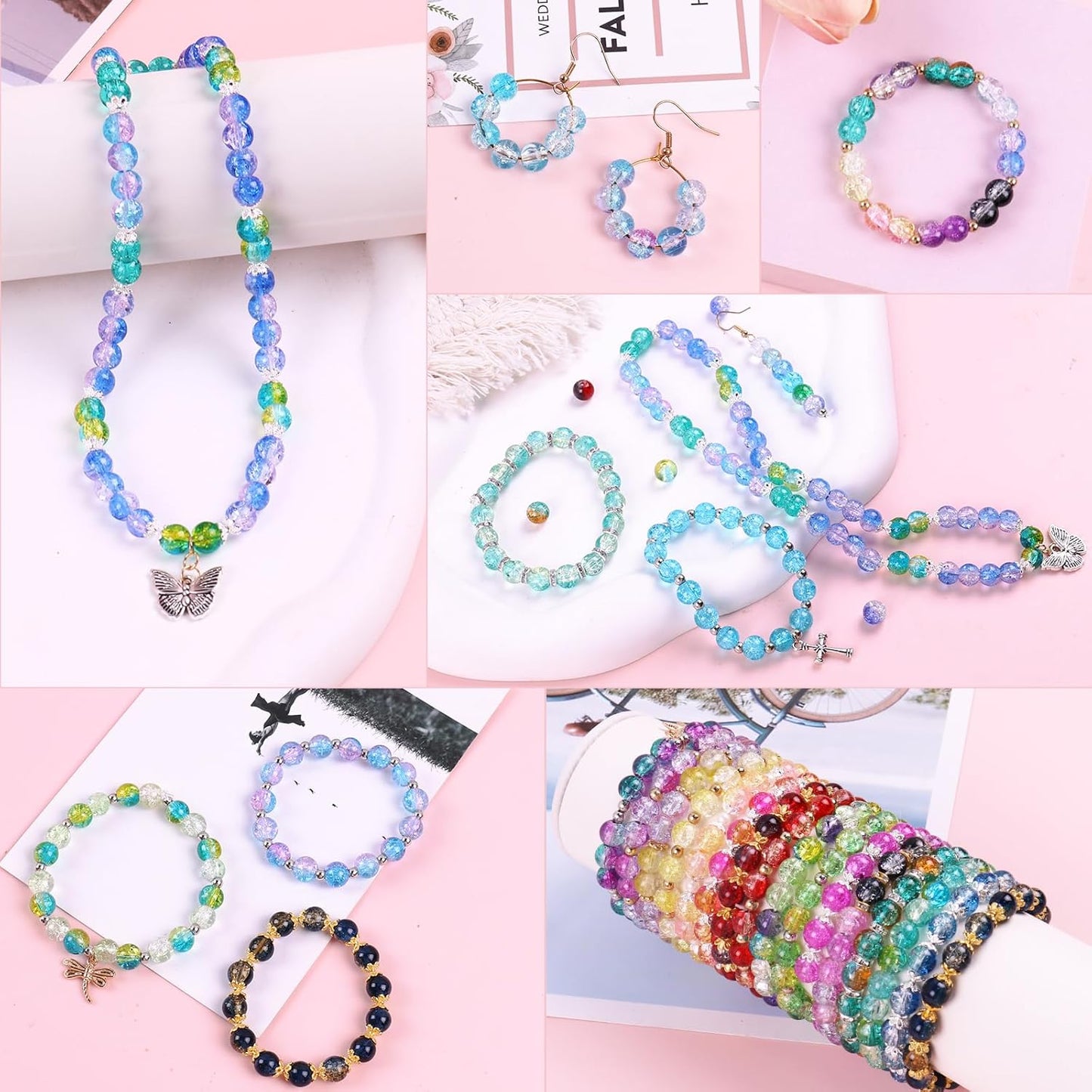 2600 PCS 6mm Crackle Glass Beads for Jewelry Making, 48 Colors Crystal Beads Bracelet Making Kit, Round Beads for Bracelets, Friendship Bracelet kit for DIY Crafts Gifts, 2 Box (Crackle Colors)