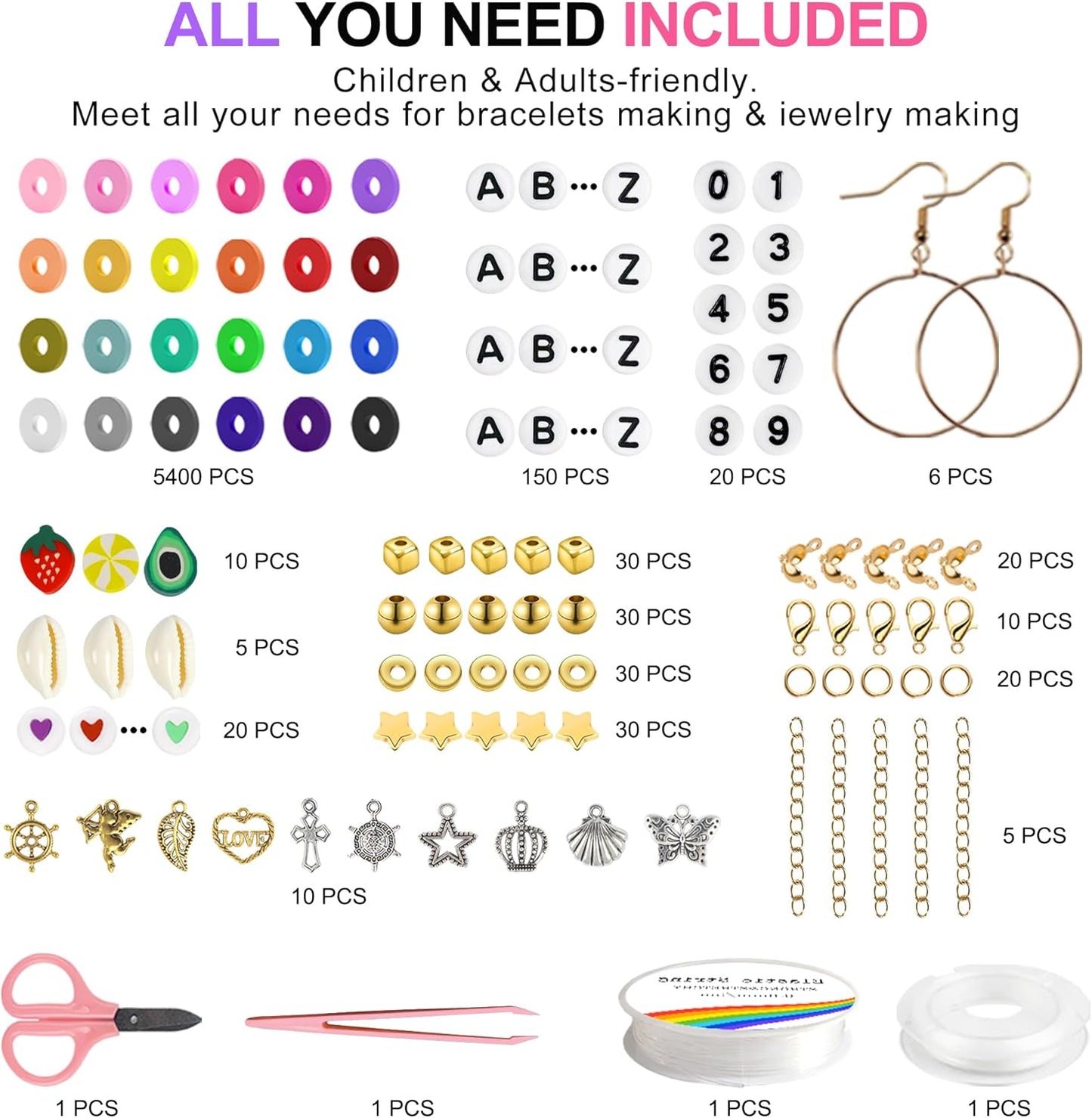 Redtwo 6200 Clay Beads Bracelet Making Kit, 24 Colors Flat Preppy Beads for Friendship Bracelets, Polymer Clay Bead with Charms for Jewelry Making, Crafts Gifts for Girls Ages 6-12