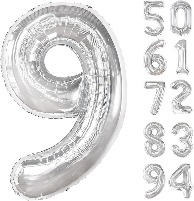 Silver 9 Balloon, Number Balloons 40 Inch, 9th Giant Birthday Decorations for Boys Girls, 19th 29th Silver Party Decorations Supplies, Number 9 Balloon
