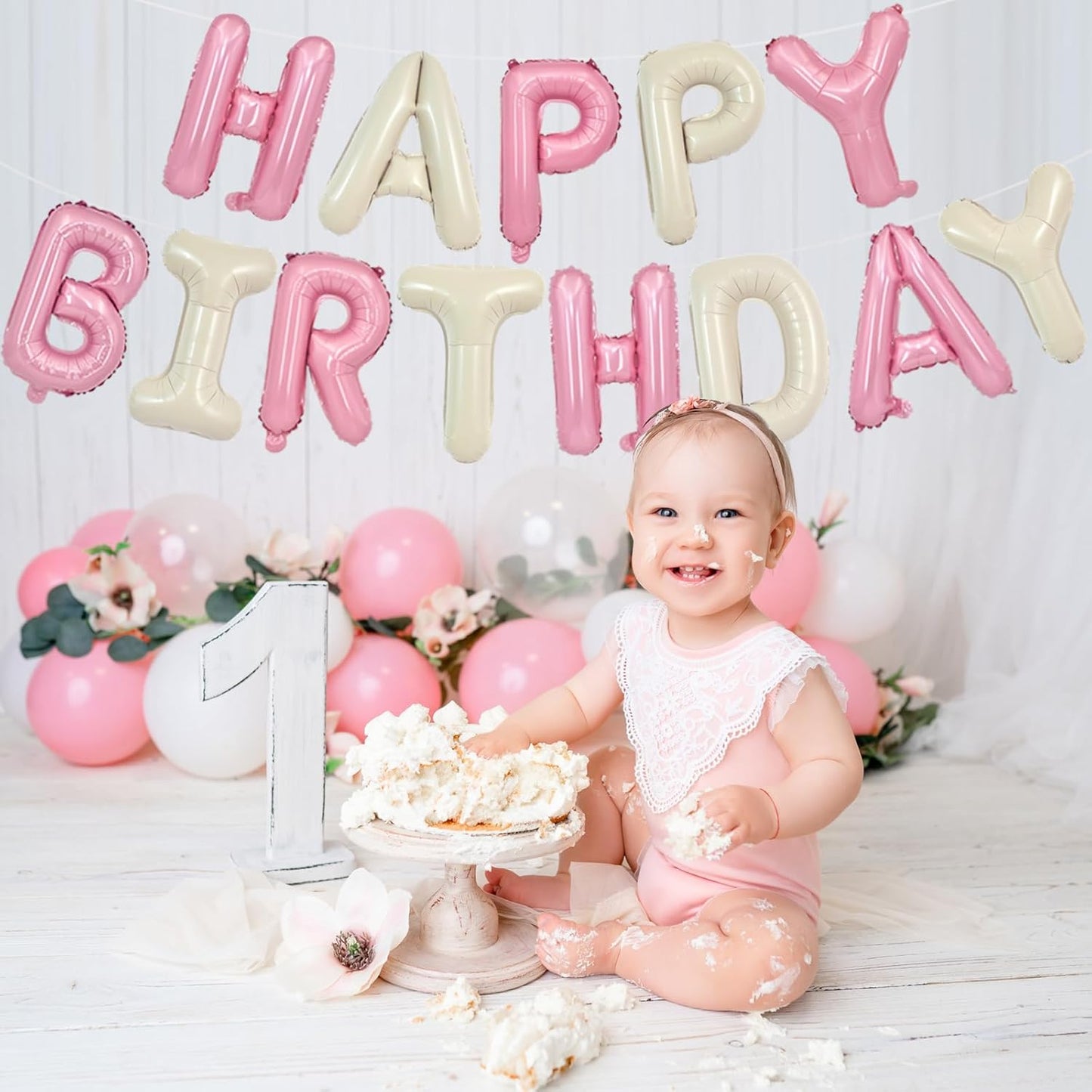 TONIFUL Happy Birthday Balloons with Ribbon Straw 16 Inch Mylar Letters Balloons Sign Banner Bunting Reusable for Girls Boys Kids & Adults Party Decorations Supplies（Cream White Pink）