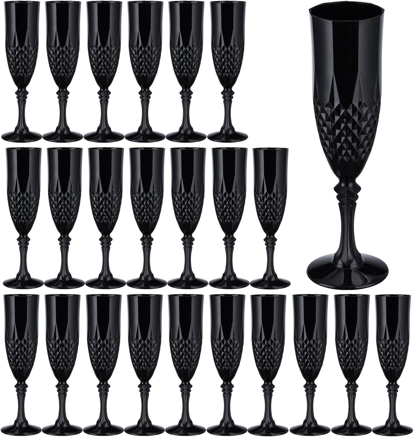 7.1OZ Plastic Champagne Flutes,24PCS Black Glassware Wine Glasses Goblets Shatterproof Mimosa Bar Reusable Vintage Champagne Flutes Stemmed Drinking Cups for Weddings ,Parties, Toasting,Halloween