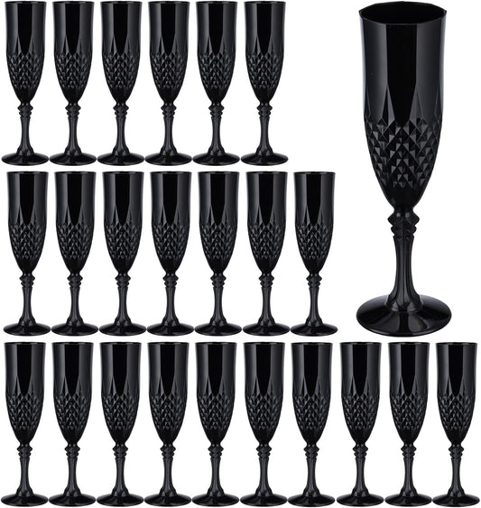 7.1OZ Plastic Champagne Flutes,24PCS Black Glassware Wine Glasses Goblets Shatterproof Mimosa Bar Reusable Vintage Champagne Flutes Stemmed Drinking Cups for Weddings ,Parties, Toasting,Halloween