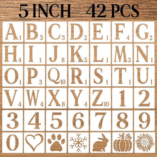 5 Inch Letter Stencils Numbers Craft Stencils, 42 Pcs Reusable Plastic Alphabet Drawing Templates for Painting on Wood, Wall, Fabric, Rock, Signage, Door Porch, DIY Art Projects