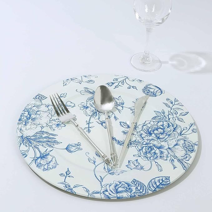 Efavormart 6 Pack White Blue Floral Acrylic Charger Plates in French Toile Pattern, Round Dinner Charger Event Tabletop Decor - 13"