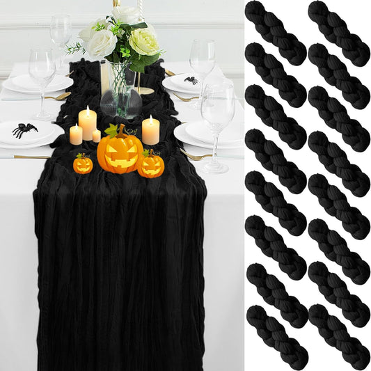 16Pack Black Halloween Table Runner 10FT Cheesecloth Table Runner 35x120Inch Long Boho Cheese Cloth Table Runners Rustic Gauze Table Runners for Party Wedding Bridal Shower Baby Shower Decorations