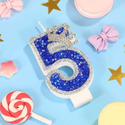 Blue Birthday Candle Crown Number 5 Candle with Sequins Cake Candles Cupcake Decorations Party Decor for Anniversary Celebrations Supplies