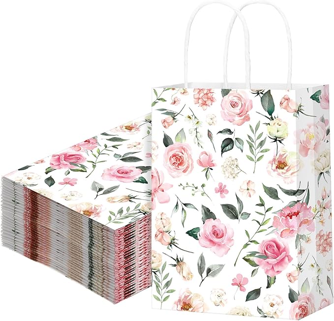 Marspark 24 Pcs Pink Wedding Flowers Paper Gift Bags for Bridal Baby Shower Engagement Birthday Party Supplies Roses Treat Bag with Handles Candy Goodie Bags for Guests, 8.3'' x 5.9'' x 3.1''(Rose)