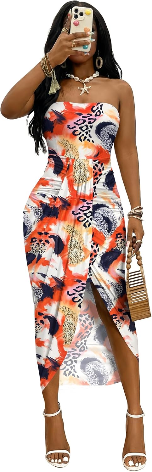 Umenlele Women's Strapless Ruched High Waist Wrap Split Asymmetrical Beach Maxi Long Dress