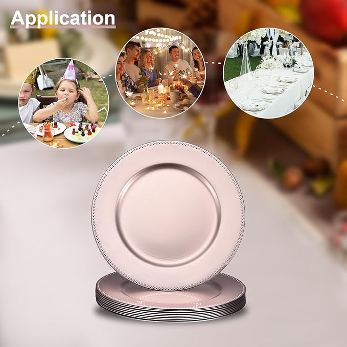 uxcell 10pcs Charger Plates Bulk 13 Inch Plastic Charger Plates Round Plate Chargers for Dinner Wedding Party Event Table Setting Decoration Rose Gold