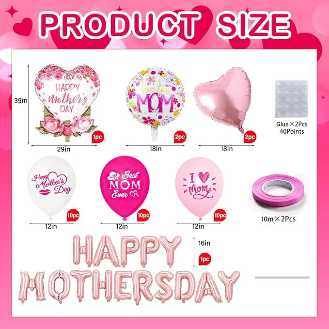 Happy Mothers Day Balloons Kit with Rose Gold Pink Heart and Letter Balloons for Mother's Day Mom Birthday Party Decorations