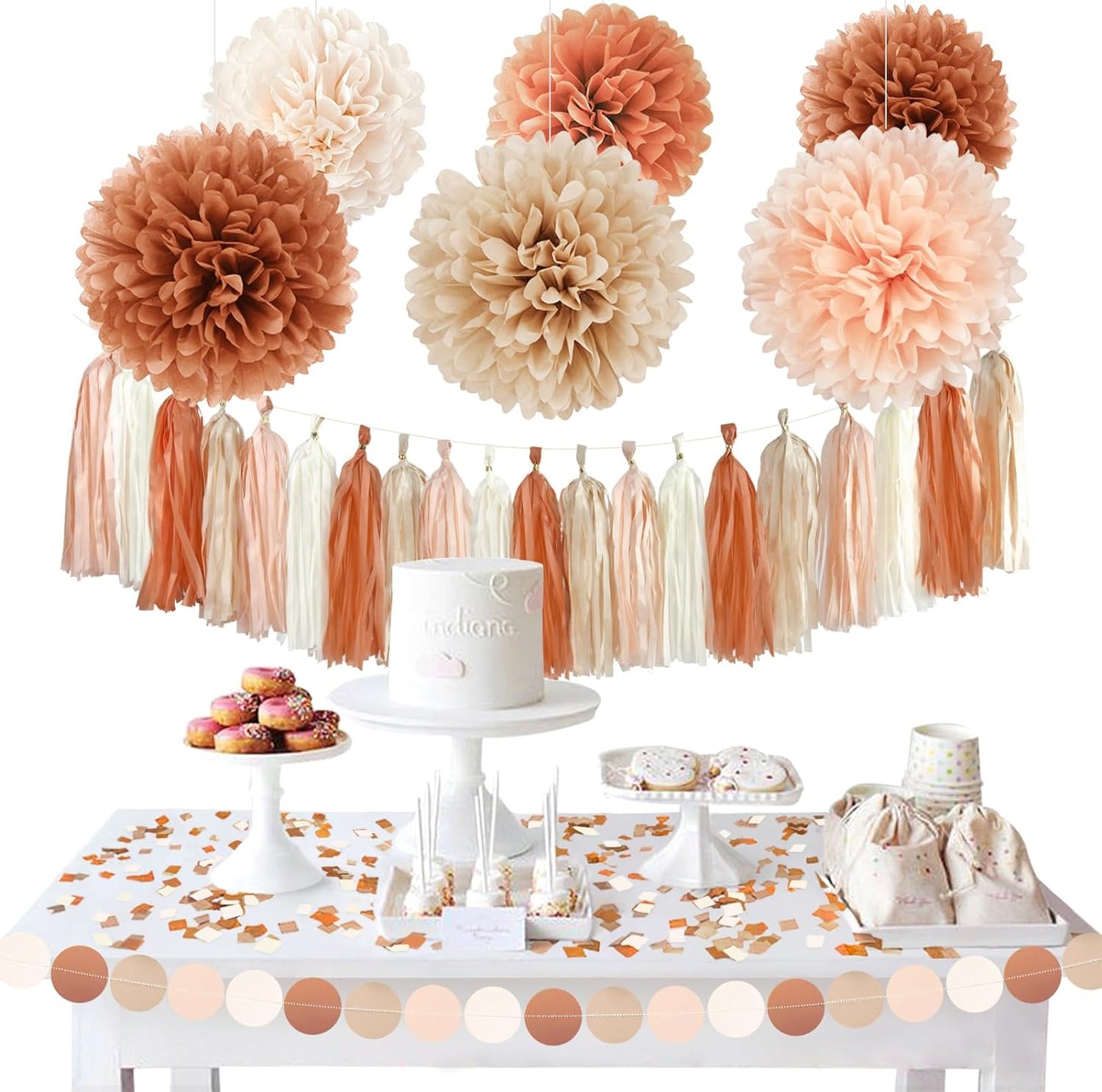AOBKIAT Boho Wedding Decorations Set,28 PCS Dusty Brown Tissue Paper Pom Poms,Circle Dots Garland Paper Tassels Hanging Backdrop for Baby Shower,Birthday,Bridal Showers,Fall Party Supplies