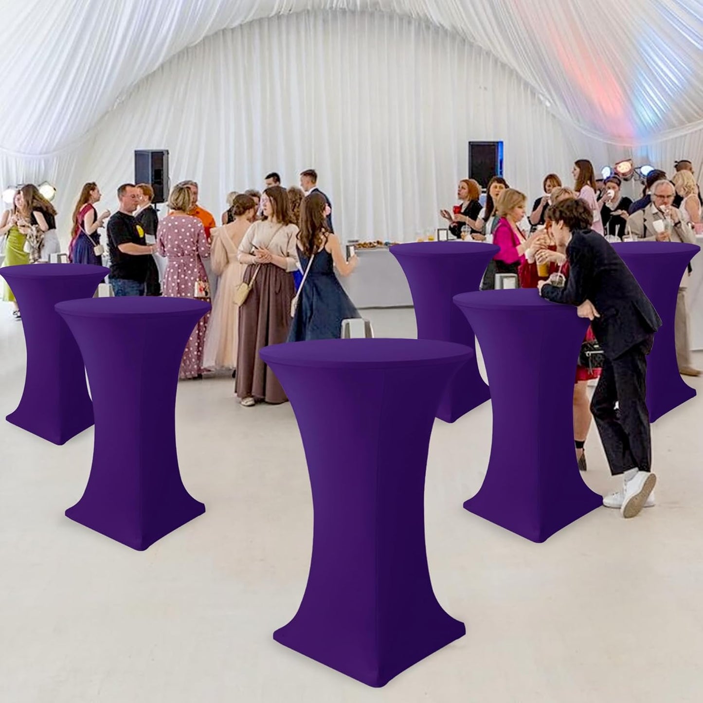 Cocktail Table Covers-Spandex Round High Top Table Cloths 6 Pack 32x43 Inch-Dark Purple Stretch Fitted Bar Tall Tablecloth for Pub Bistro Highboy Party Event Banquet Height Satnding Tables