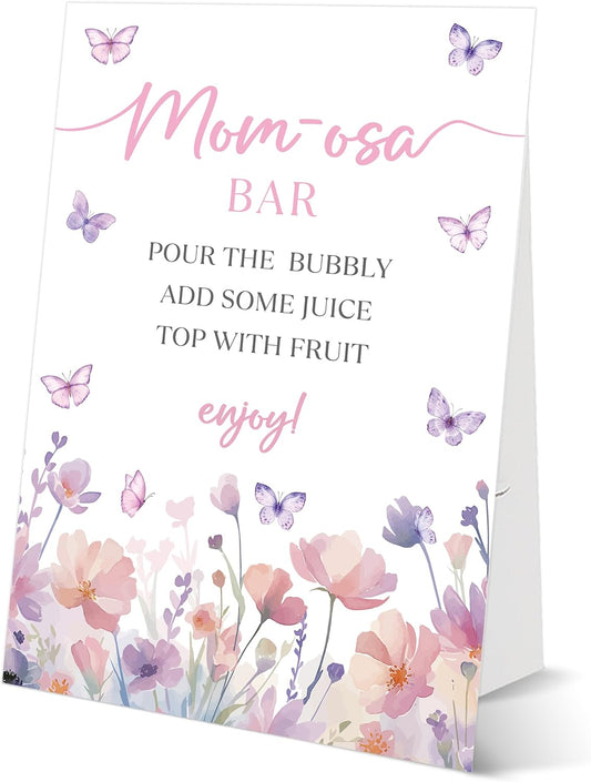 Butterfly Baby Shower Tabletop Sign, Mom-osa Bar, Include One 8×11 Sign with holder, Purple Butterfly Gender Reveal Party Decoration Supplies - FL35