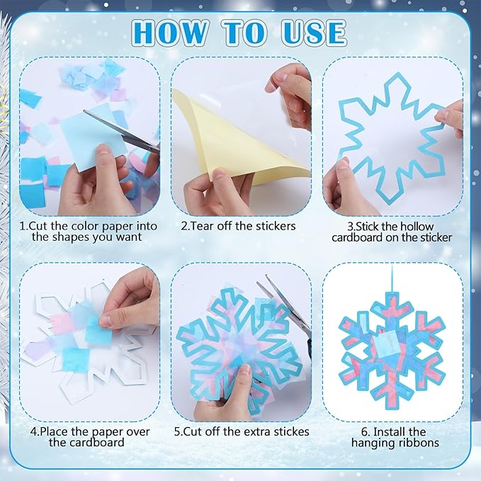 Motipuns 32 Pcs Winter Snowflake Suncatcher Ornament Craft Kit with Blue Ribbon, Christmas Window Art Decoration DIY Ornament Set for Adults Winter Activity
