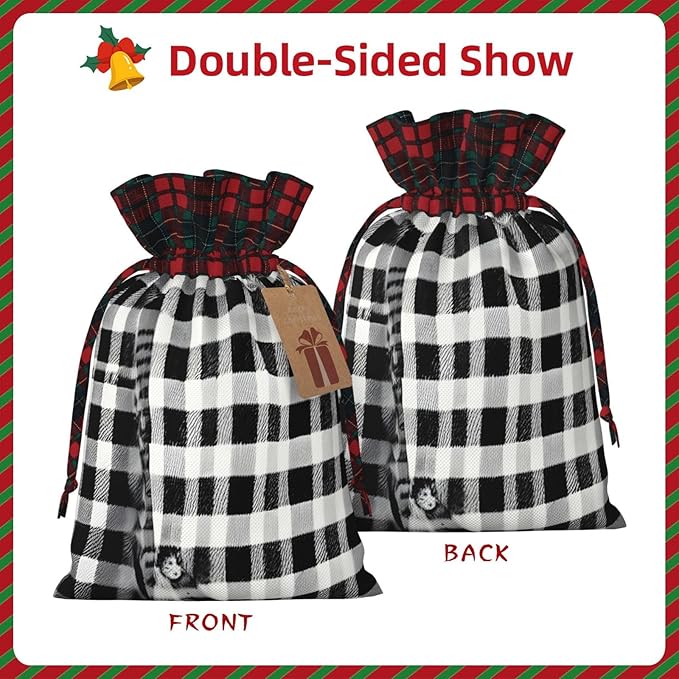 PULaif Black And White Plaid Christmas Drawstring Gift Bags, Large Size Christmas Bags For Gifts Party Favors, Xmas Gift Bags