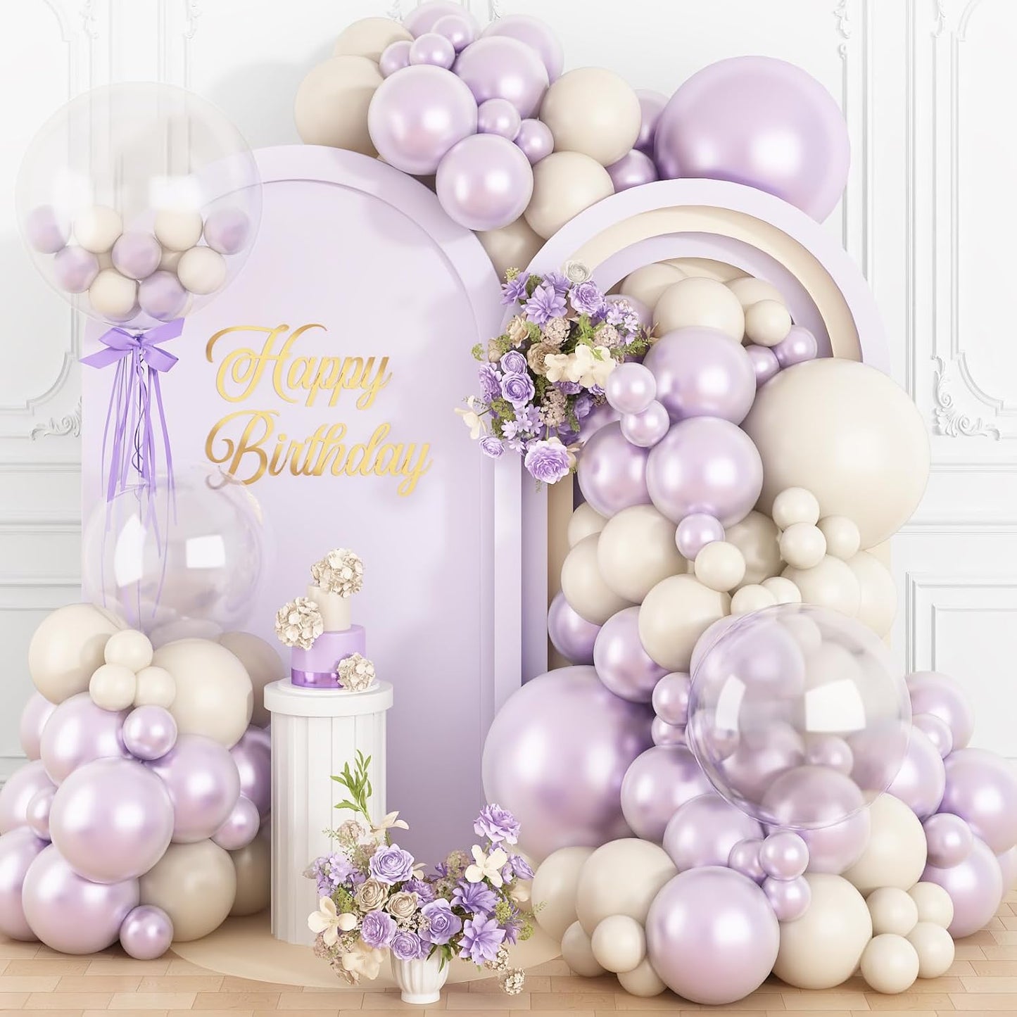 Pearl Purple Balloon Arch Kit, Double Stuffed Lavender Sand White Balloon Garland Different Sizes 18/12/10/5 Inch Pearl Balloons for Wedding Bridal Shower Anniversary Birthday Party Decor