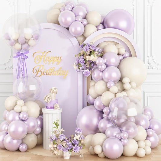 Pearl Purple Balloon Arch Kit, Double Stuffed Lavender Sand White Balloon Garland Different Sizes 18/12/10/5 Inch Pearl Balloons for Wedding Bridal Shower Anniversary Birthday Party Decor