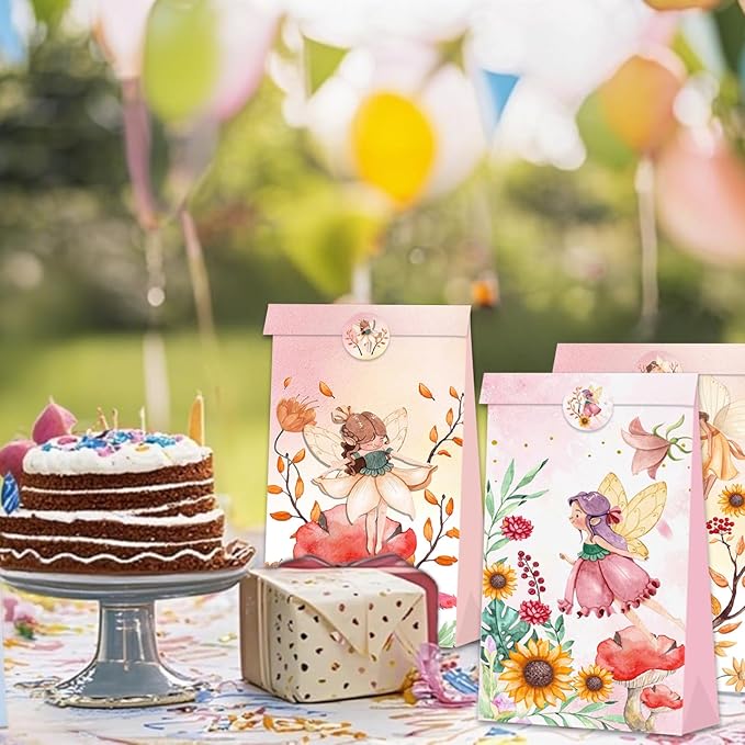12 Pcs Fairy Party Favor Sunflower Gift Bags with Stickers Spring Floral Welcome Flower Party Favors Butterfly Paper Candy Goodie Treat Bags for Garden Decor Bday Bridal Baby Shower Wedding Supplies