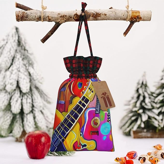 PULaif Color Acoustic And Guitars Christmas Drawstring Gift Bags, Large Size Christmas Bags For Gifts Party Favors, Xmas Gift Bags
