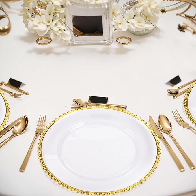 EI 13 Inch Gold Charger Plate,50pcs Clear Charger Plates with Gold Rim,Disposable Chargers Plate,Plastic Chargers Plates for Dinne Family Party and Wedding