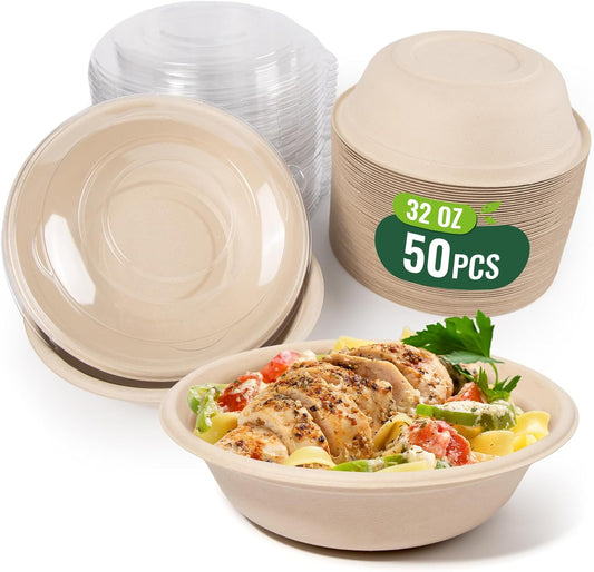 50-Pack 32oz Round Disposable Bowls with Lids - 100% Sugarcane Fiber, Paper Round Bowls for Soup, Salad, Ramen, Popcorn