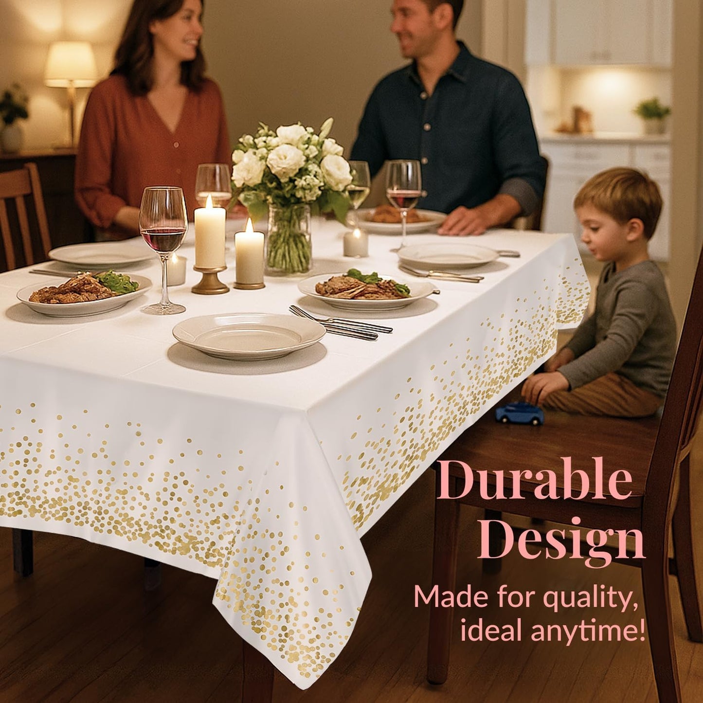 Prestee 12-Pack Disposable Tablecloth - Table Cover White and Gold Polka Dot Rectangular, 54x108 Inches - Waterproof, Stain-Resistant Party Table Covers for Weddings, BBQs, Birthdays, and Events