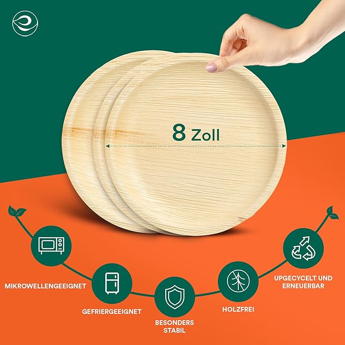 ECO SOUL 8 Inch Disposable Palm Leaf Plates [400 Pack] Premium Food-Safe Heavy Duty Compostable Bamboo Paper Plates for Lunch, Dinner, Birthday, Weddings, Party, Camping & Catering Events [Round]