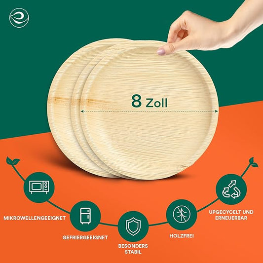 ECO SOUL 8 Inch Disposable Palm Leaf Plates [400 Pack] Premium Food-Safe Heavy Duty Compostable Bamboo Paper Plates for Lunch, Dinner, Birthday, Weddings, Party, Camping & Catering Events [Round]