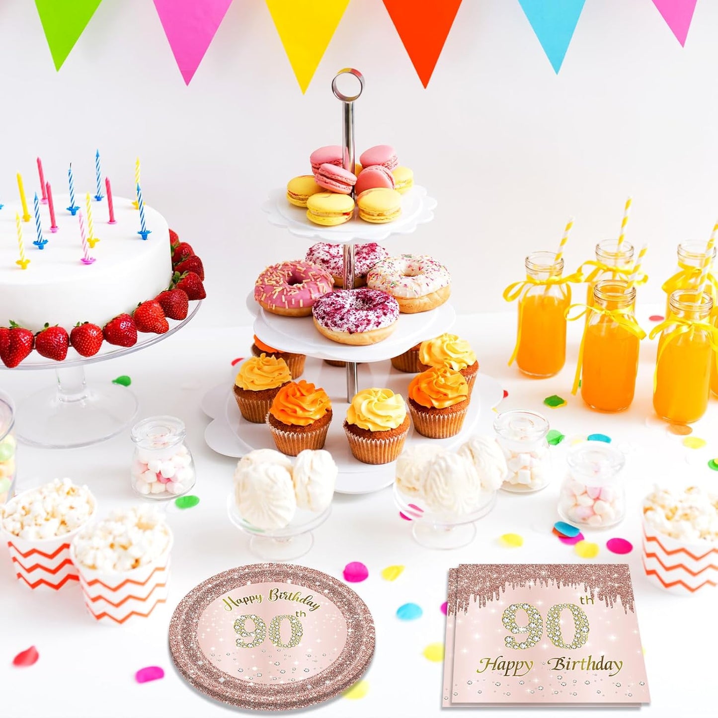 90th Birthday Decorations, Rose Gold Birthday Party Supplies Include 20Pcs Plates 20Pcs Napkins Sweet Ninety Year Old Party Tableware for Girl Ladies Women