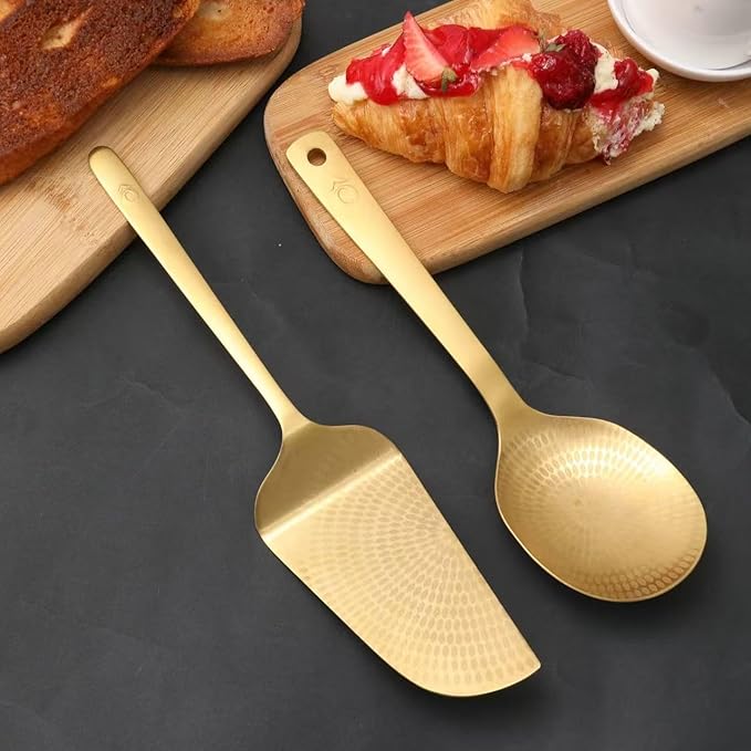 OPRAKT HOME Gold Kitchen Set, 11-inch Cake Spatula and 10-inch Serving Spoon with Storage Bag, Stainless Steel