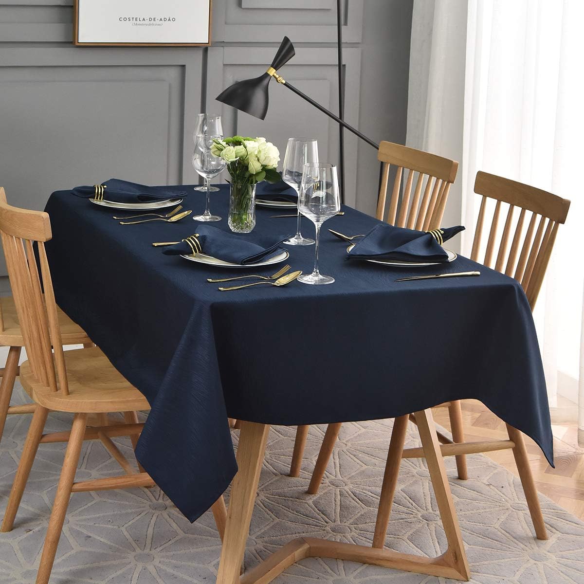 maxmill Jacquard Table Cloth Waving Pattern Water Proof Wrinkle Free Heavy Weight Soft Tablecloth Decorative Fabric Table Cover for Outdoor and Indoor Use Rectangular 60 x 104 Inch Navy Blue