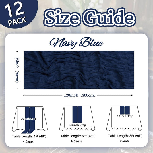 12 Pack Navy Blue Cheesecloth Table Runner 10ft Boho Gauze Fabric Cheese Cloth Table Runner 35 x 120 Inch Rustic Sheer Runner for Romantic Wedding Decor Baby Shower Party Table Centerpiece Decoration
