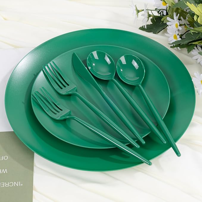 EI 150pcs Green Plastic Plates,Green Disposable Plates Heavy Duty,Fancy Plastic Dinnerware Set,Dinner Plate for Party,Picnic,Birthday,Wedding Afternoon Tea Spring,St. Patrick's Day