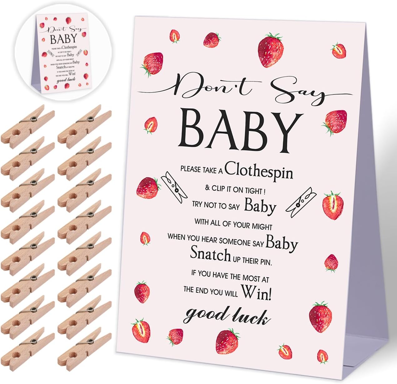 Don't Say Baby Baby Shower Game,Strawberry Berry Sweet Baby Shower Decorations,Mini Clothespins for Baby Shower,Neutral Baby Shower Decorations,1 Sign & 50 Mini Clothespins Set-B10