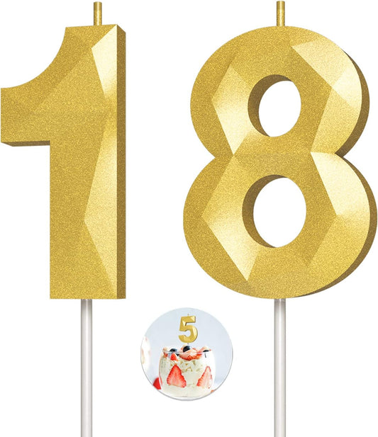 Number Birthday Candles(18 Candle Gold) 3D Diamond Shape Number Happy Birthday Cake Candles for Birthday Party Wedding Decoration Reunions Theme Party