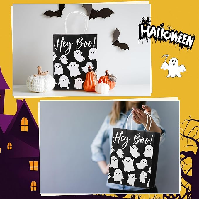 24 Pcs Halloween Hey Boo Ghost Paper Gift Bags with Handles Medium White Ghost Party Favor Bags for Halloween Home Table Party Supplies