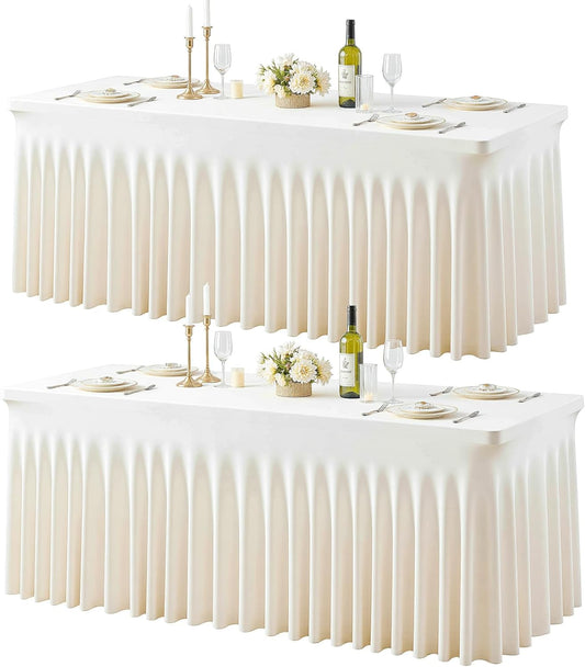 2 Pack 8ft Ivory Spandex Table Cloths for Rectangle Tables Wrinkle Free Ivory Rectangle Tablecloths, Stretch Fitted Table Cover with Skirt for Wedding Birthday Party Banquet Baby Shower Buffet Event