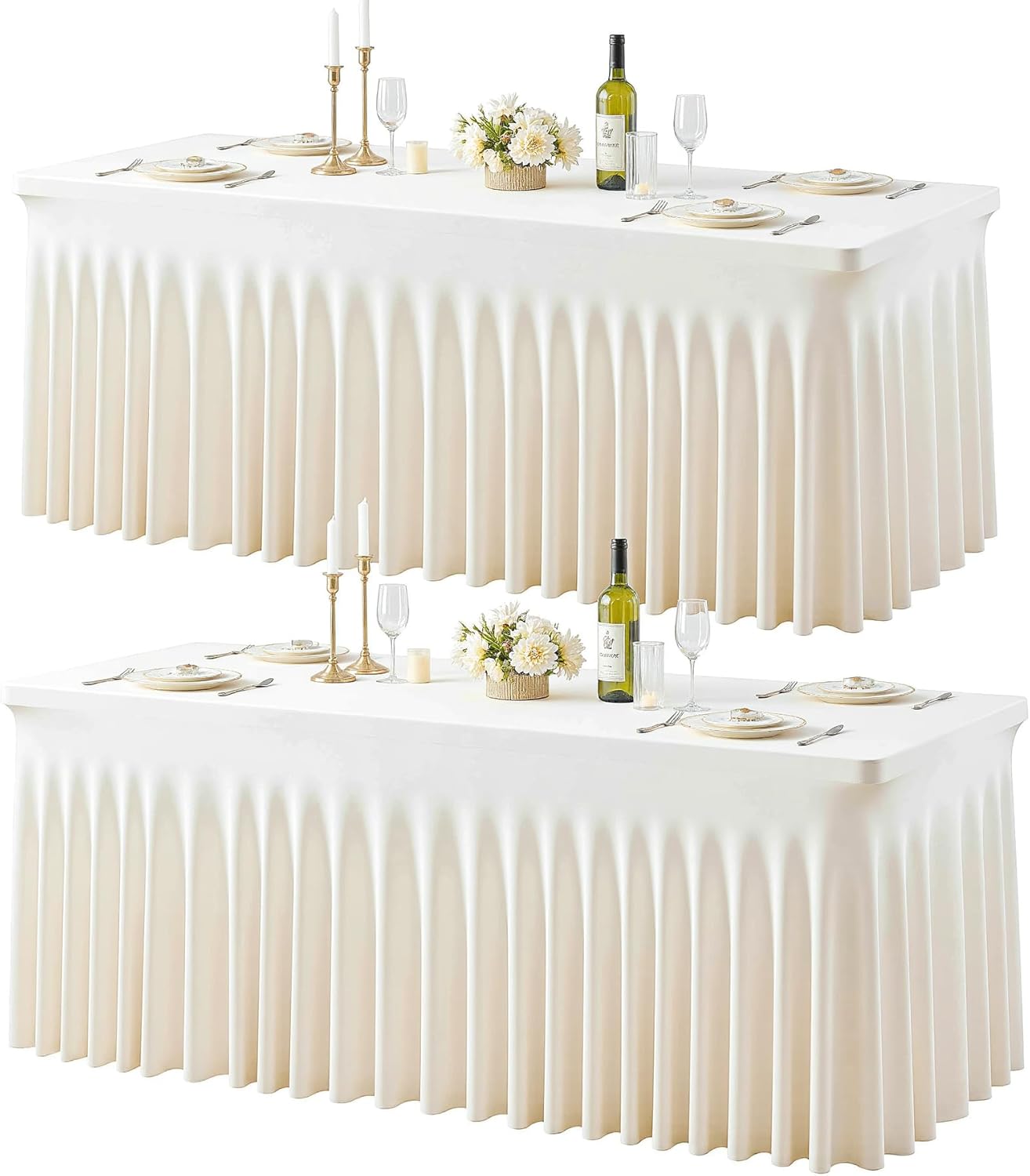 2 Pack 6ft Ivory Spandex Table Cloths for Rectangle Tables Wrinkle Free Ivory Rectangle Tablecloths Stretch Fitted 6 foot Table Cover with Skirt for Wedding Birthday Party Banquet Baby Shower Buffet
