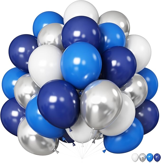 Blue White Silver Balloon 12 Inch Graduation Balloons Pearl Navy Royal Blue Metallic Chrome Silver White Latex Party Balloon for Grad Class of 2025 Decoration Anniversary Birthday