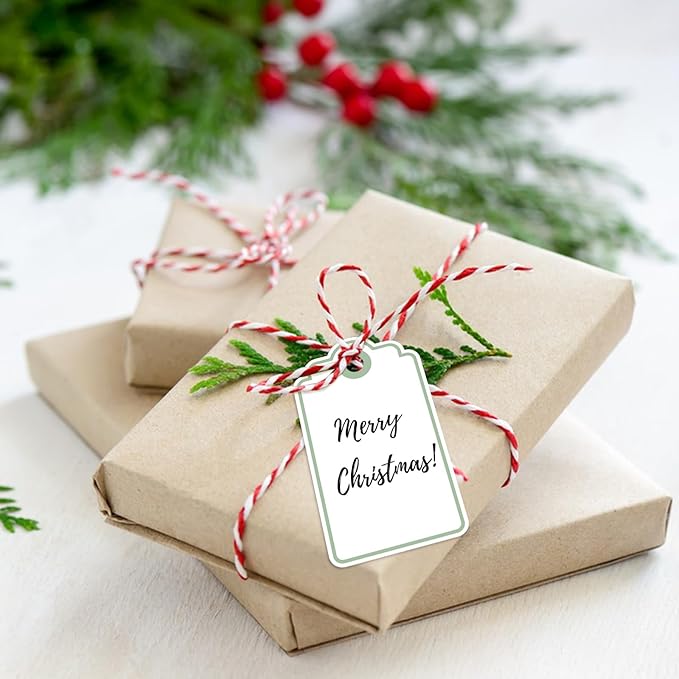 Anwyll Gift Tags with String - 100Pcs Green Gift Bag Tags Personalized White Blank Hanging Paper Label Tag for Baby Shower Birthday Party Wedding Christmas Favor Present