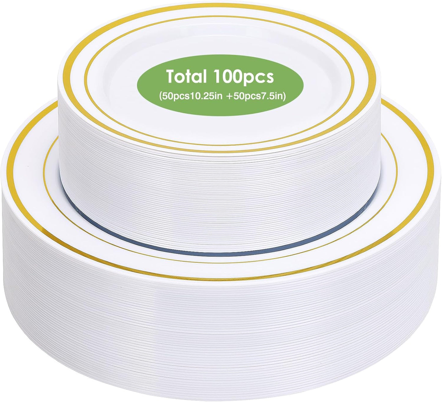 Moretoes 100PCS Gold Plastic Plates Disposable,Party Plates White Gold Rim, 10.25inch Dinner Plate and 7.5inch Dessert Salad Plate for Wedding Party and Birthday