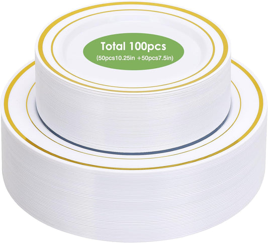 Moretoes 100PCS Gold Plastic Plates Disposable,Party Plates White Gold Rim, 10.25inch Dinner Plate and 7.5inch Dessert Salad Plate for Wedding Party and Birthday