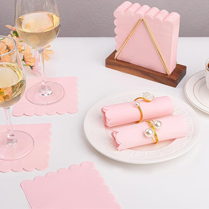 100 Pcs Pink Napkins Scalloped Edged Dessert Cocktail Napkins Folded 5 x 5 Inches Disposable Napkins for Dinner Wedding Birthday Party