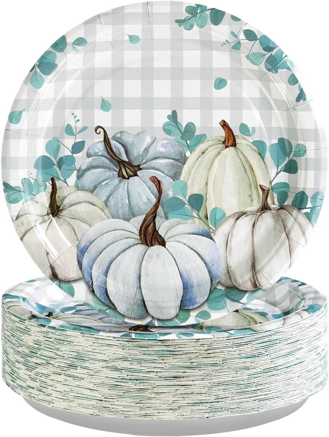 Grencian 50 Pcs Fall Blue Gingham Paper Plates 7" Blue Pumpkin Plates Disposable Thanksgiving Platter Fall Party Decorations for Thanksgiving Autumn Holiday Harvest Birthday Party Supplies