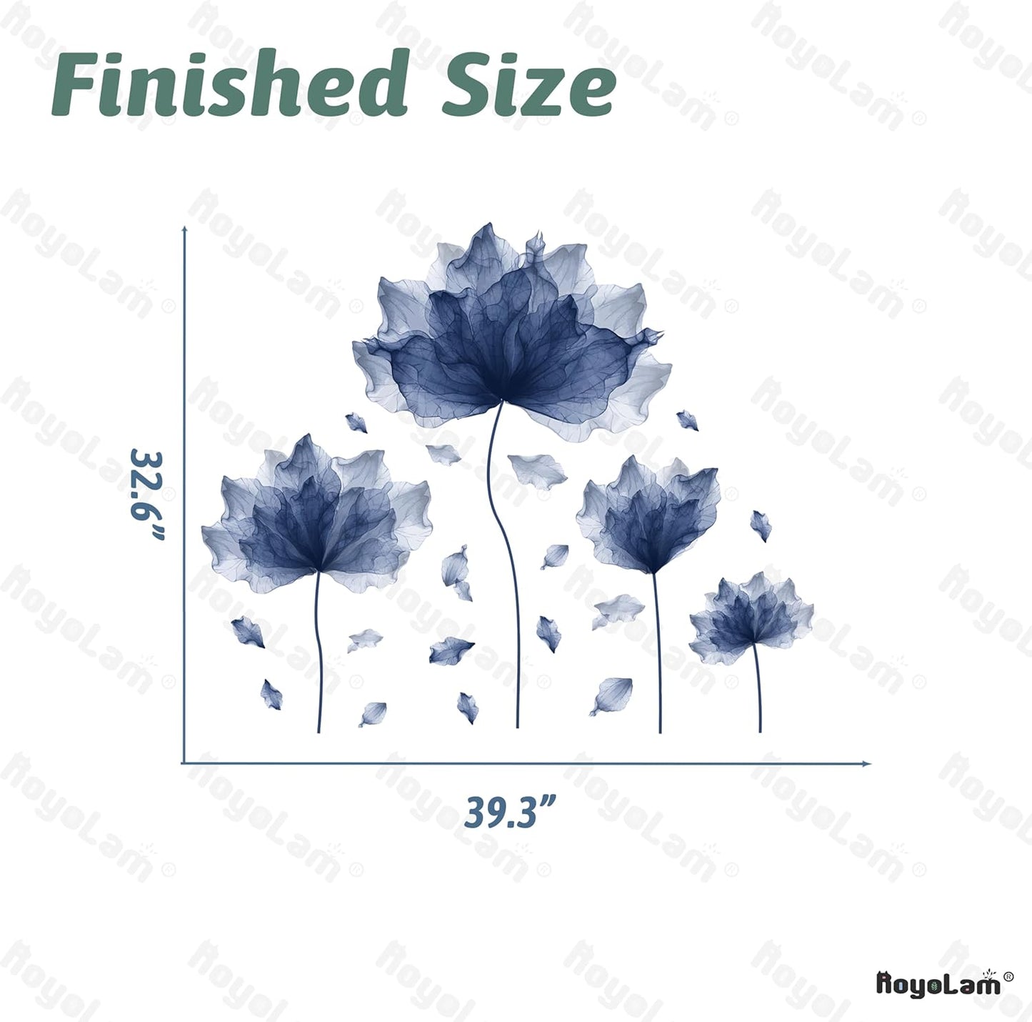 39.3'' x 32.6'' Huge Flower Petal Wall Decals Living Room Floral Wall Stickers Removable Peel and Stick Waterproof Wall Art Decor Stickers for Bedroom Bathroom Office (Navy)