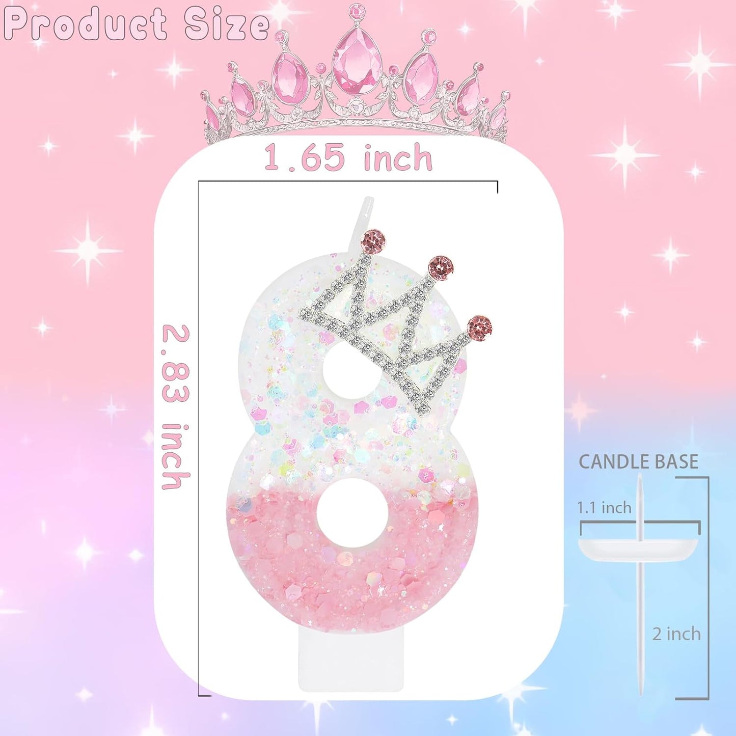 Pink White Number 8 Candle, Glitter Crown Cake Topper, Princess Birthday Party Decorations for Girls and Women Anniversary Celebrations Party Favors